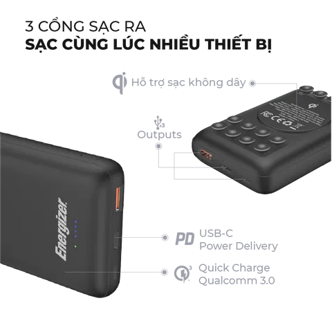 Pin Sạc Dự Phòng Không Dây 10000mAh Energizer QP10000PQBK - Sạc Nhanh Qi, Thiết Kế Gọn Nhẹ, Dùng Cho Smartphone Và Thiết Bị Di Động