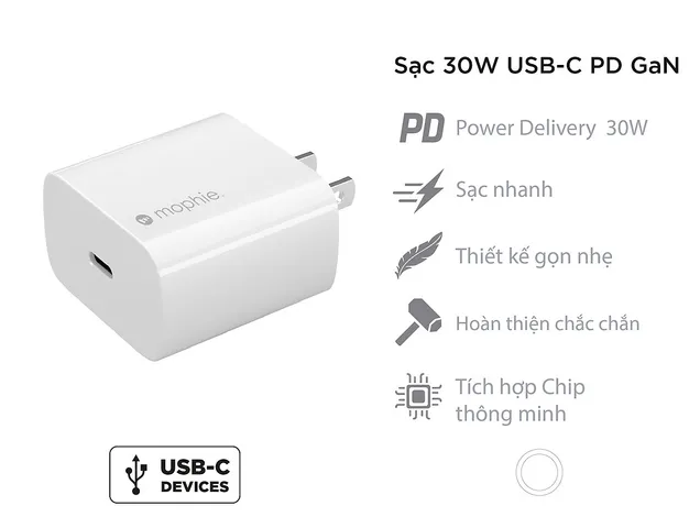 Sạc nhanh Mophie Power Delivery 30W USB-C GaN - Phụ kiện sạc cao cấp, thiết kế nhỏ gọn, tương thích iPhone 13 và các thiết bị PD khác.