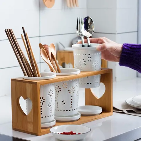 Set 3 Ống Cắm Đũa Gốm Sứ Cao Cấp Kèm Kệ Gỗ - Bộ Dụng Cụ Nhà Bếp Thân Thiện Với Môi Trường, Chất Liệu An Toàn