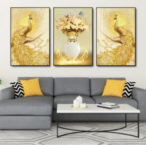 Set 3 Tranh Canvas Đôi Công Hoàng Kim - Trang Trí Tường Sang Trọng, Kích Thước Đa Dạng cho Phòng Khách và Văn Phòng