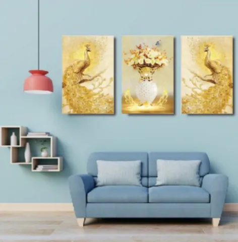 Set 3 Tranh Canvas Đôi Công Hoàng Kim - Trang Trí Tường Sang Trọng, Kích Thước Đa Dạng cho Phòng Khách và Văn Phòng
