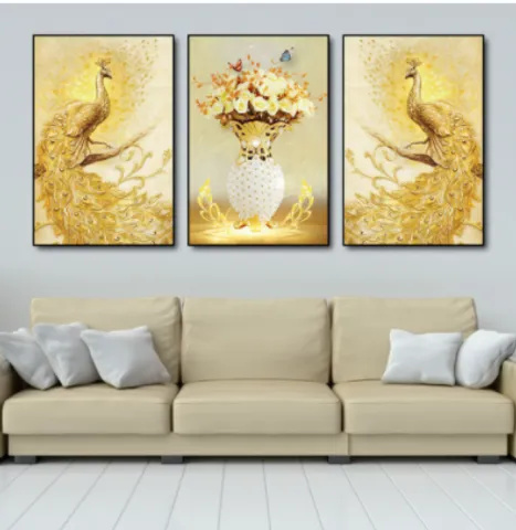 Set 3 Tranh Canvas Đôi Công Hoàng Kim - Trang Trí Tường Sang Trọng, Kích Thước Đa Dạng cho Phòng Khách và Văn Phòng