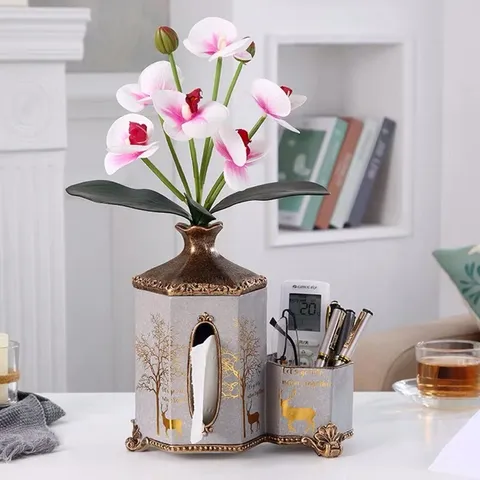 Set Trang Trí Gốm Sứ 3in1 - Lọ Hoa, Hộp Giấy và Ống Để Đồ Họa Tiết Sang Trọng, Unique Home Decor Gift
