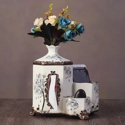Set Trang Trí Gốm Sứ 3in1 - Lọ Hoa, Hộp Giấy và Ống Để Đồ Họa Tiết Sang Trọng, Unique Home Decor Gift