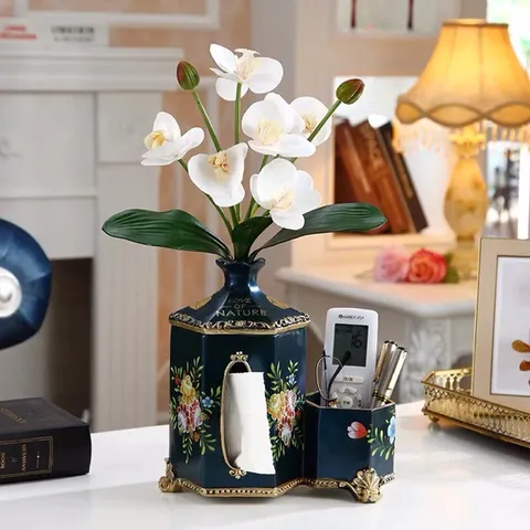 Set Trang Trí Gốm Sứ 3in1 - Lọ Hoa, Hộp Giấy và Ống Để Đồ Họa Tiết Sang Trọng, Unique Home Decor Gift