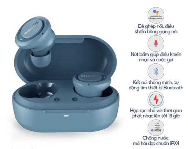 Tai Nghe Bluetooth Philips TAT1215BL/97 - Chống Nước, Âm Thanh Chất Lượng, Thời Gian Sử Dụng 18 Giờ, Hàng Chính Hãng