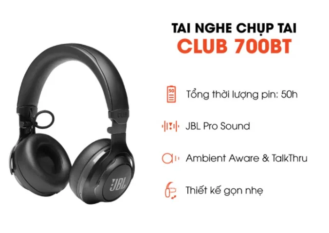 Tai nghe chụp tai Bluetooth JBL CLUB700BT - Kháng ồn, Thời gian sử dụng 50 giờ, Âm thanh chất lượng cao, Bảo hành 6 tháng