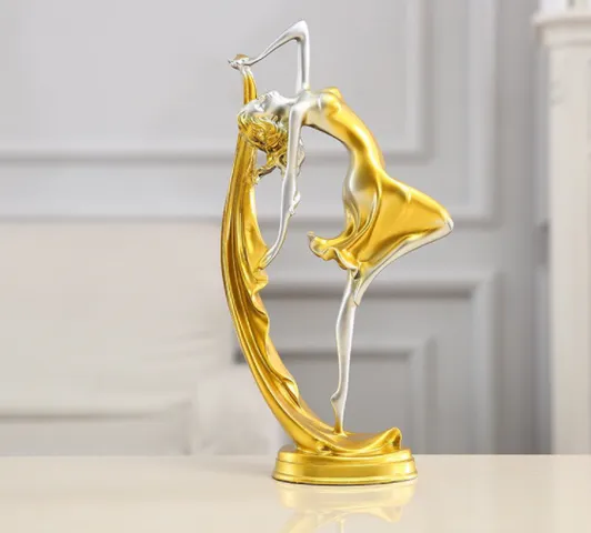 Tượng cô gái múa Bale nghệ thuật - Trang trí bàn cao cấp bằng bột đá, kiểu dáng thanh thoát, độc đáo, màu vàng xanh 34x17x7cm