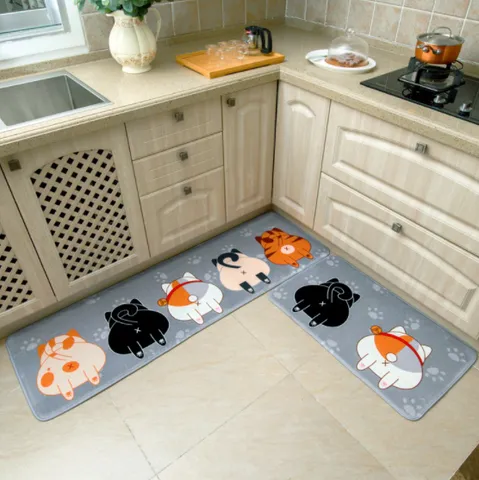 Bộ 2 thảm nhà bếp chống trượt in hình 3D sinh động - Thảm trải sàn mềm mại, an toàn cho gia đình, phù hợp nhiều không gian