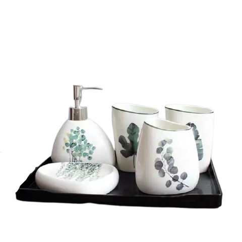 Bộ Đồ Dùng Gốm Sứ Họa Tiết Hình Lá - Sản Phẩm Trang Trí Nhà Tắm Cao Cấp, Thẩm Mỹ và Tiện Nghi