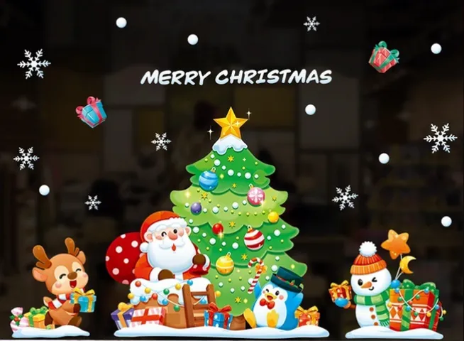 Decal Trang Trí Noel Hoạt Hình Vui Nhộn - Chất Liệu PVC Không Thấm Nước, Màu Sắc Rõ Nét Cho Mùa Giáng Sinh Tươi Vui