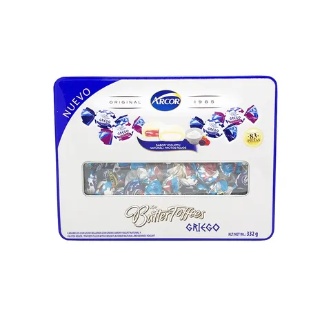 Hộp thiếc kẹo Arcor Butter Toffees vị sữa chua 332g - Hương vị kem, caramen và sữa chua thơm ngon, quà tặng hấp dẫn mọi lứa tuổi