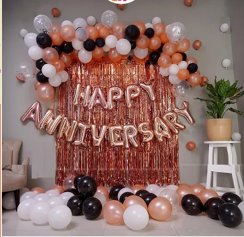 Set Bóng Happy Anniversary với Rèm Kim Tuyến - Trang Trí Sinh Nhật Lãng Mạn, Màu Rose Gold, Bộ Quà Tặng Dễ Thương