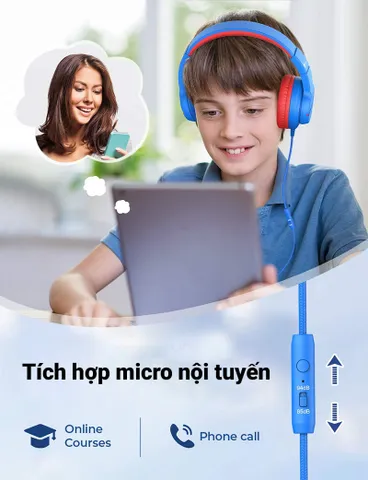 Tai nghe iClever IC-HS19 cho trẻ em - Âm thanh chất lượng, thiết kế gọn nhẹ, có micro hỗ trợ học trực tuyến, màu xanh và tím