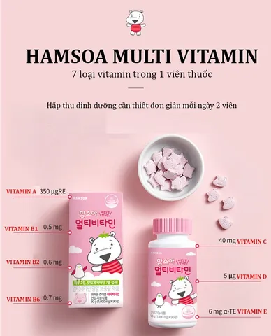 Vitamin tổng hợp Hamsoa Hàn Quốc cho bé trên 12 tháng - Viên nhai dâu thơm ngon, hỗ trợ phát triển khỏe mạnh và hấp thu dinh dưỡng tốt