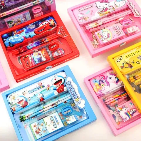 Bộ Dụng Cụ Học Tập 7 Món Kèm Hộp Hoạt Hình Elsa, Minion, Pony - Quà Tặng Học Tập Đẹp, Thú Vị Cho Trẻ Em