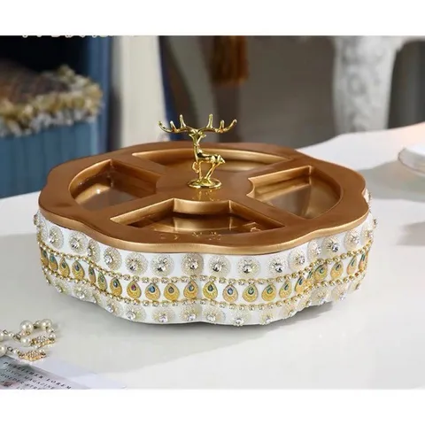 Khay Đựng Bánh Kẹo Mứt Gắn Đá Nắp Hươu Vàng Sang Trọng - Khay Trang Trí Tết Sang Chảnh, Nhiều Ngăn Tiện Dụng