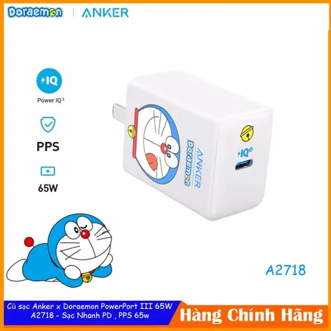 Sạc Anker PowerPort III Pod Lite A2718 65W - Doremon Siêu Nhanh Gọn Nhẹ, Hỗ Trợ PD/PPS Tương Thích iPhone, iPad, Laptop