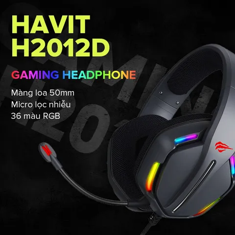 Tai nghe Gaming HAVIT H2012D - Driver 50mm, Đèn RGB 36 Màu, Mic Khử Tiếng Ồn, Thiết Kế Ergonomic, Chất Lượng Âm Thanh Tuyệt Vời
