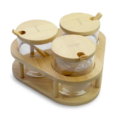 Bộ 3 Lọ Thủy Tinh Đựng Gia Vị Khay Gỗ Hobby - Tiện Lợi, An Toàn, Dụng Cụ Nhà Bếp Thông Minh cho Mọi Gia Đình