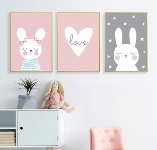 Bộ 3 Tranh Trang Trí Phòng Cho Bé Gái Tông Hồng Dễ Thương - Chống Ẩm Mốc, Kháng Nước, Chất Liệu Nhựa Formex