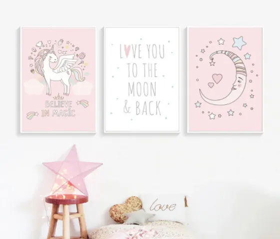 Bộ 3 Tranh Trang Trí Phòng Cho Bé Gái Tông Hồng Dễ Thương - Chống Ẩm Mốc, Kháng Nước, Chất Liệu Nhựa Formex