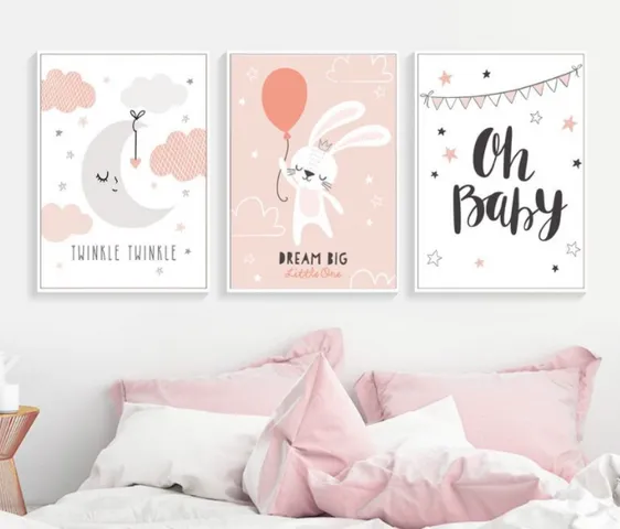 Bộ 3 Tranh Trang Trí Phòng Cho Bé Gái Tông Hồng Dễ Thương - Chống Ẩm Mốc, Kháng Nước, Chất Liệu Nhựa Formex