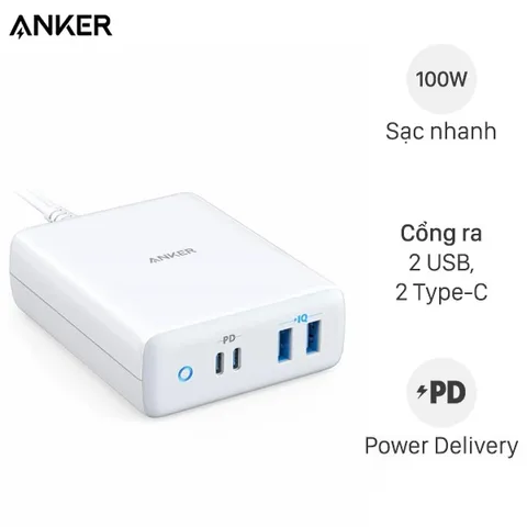 Củ sạc nhanh Anker A2041 4 cổng PowerPort Atom PD 4 100W - Sạc USB-C mạnh mẽ, tương thích cho MacBook và smartphone