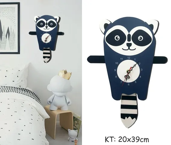 Đồng hồ treo tường Gấu Mèo Racoon dễ thương - Trang trí phòng cho bé, màu sắc tươi sáng, thiết kế độc đáo, quà tặng lý tưởng cho trẻ em