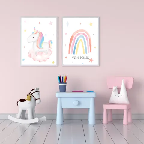 Tranh Canvas Treo Tường Kỳ Lân Dễ Thương - Trang Trí Nhà Cửa Độc Đáo, Khung Nhựa Cao Cấp, Kích Thước 30x40cm & 40x60cm