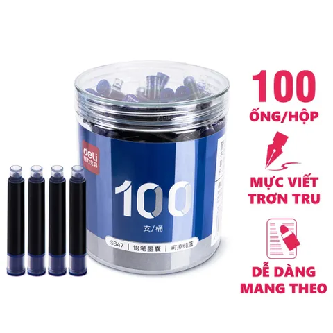 100 ống mực xanh thay thế cho bút máy Deli S647 - Dung tích lớn, dễ lắp, phù hợp học sinh và nhân viên văn phòng