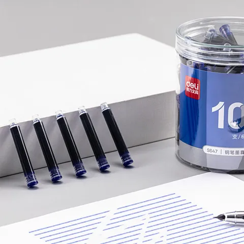 100 ống mực xanh thay thế cho bút máy Deli S647 - Dung tích lớn, dễ lắp, phù hợp học sinh và nhân viên văn phòng