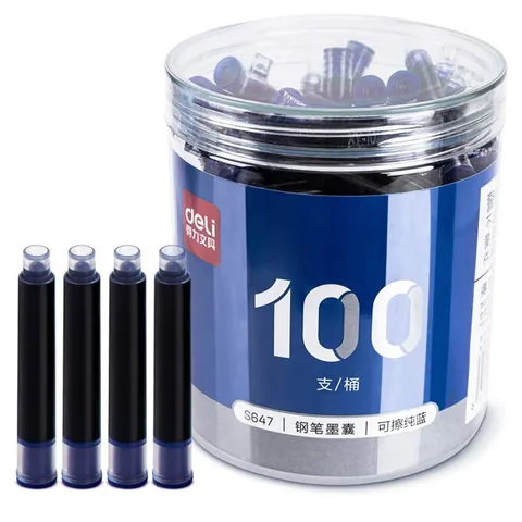 100 ống mực xanh thay thế cho bút máy Deli S647 - Dung tích lớn, dễ lắp, phù hợp học sinh và nhân viên văn phòng