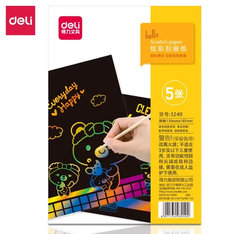 Set 5 Giấy Cào Ma Thuật Màu Cầu Vồng Deli Kèm Que Gỗ 3240 - Đồ Dùng Học Tập Sáng Tạo Cho Trẻ Em