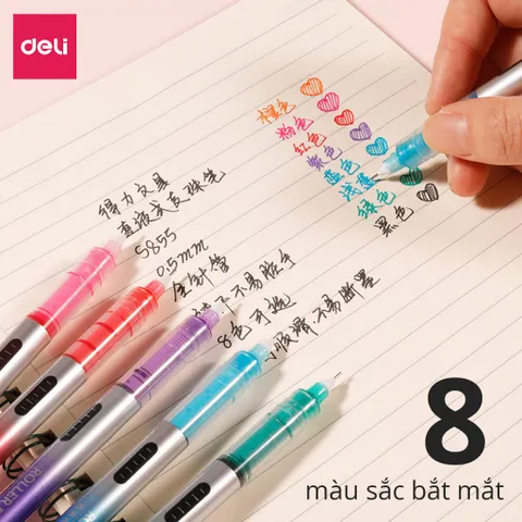 Bộ 8 bút gel Deli 0.5mm viết Calligraphy S855 - Mực trơn chất lượng, màu sắc bắt mắt cho nghệ thuật thư pháp và vẽ nét tinh tế
