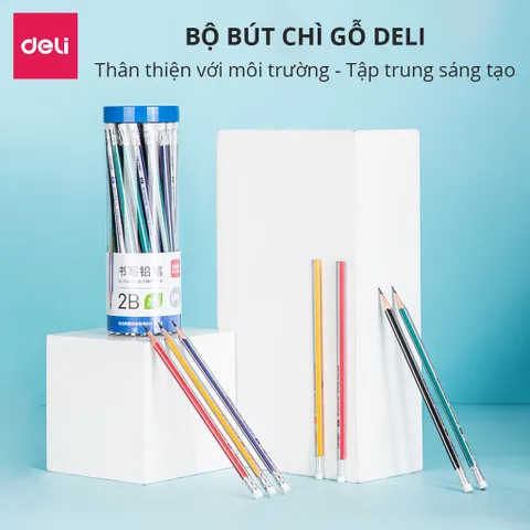 Vỉ 10 Bút Chì Gỗ Lục Giác 2B HB Kèm Đầu Tẩy Deli 33431 - Bút Vẽ Chất Lượng Cho Học Sinh và Nghệ Sĩ