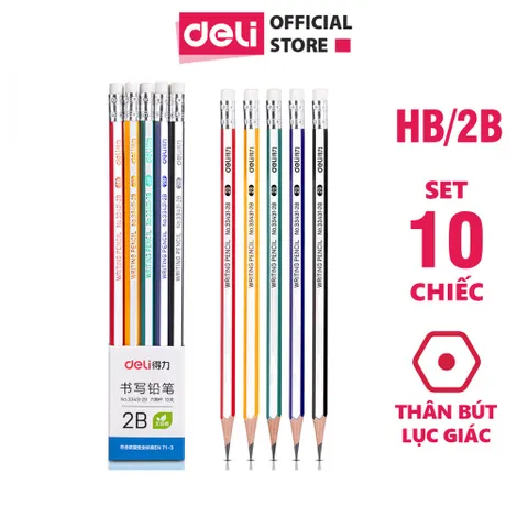 Vỉ 10 Bút Chì Gỗ Lục Giác 2B HB Kèm Đầu Tẩy Deli 33431 - Bút Vẽ Chất Lượng Cho Học Sinh và Nghệ Sĩ