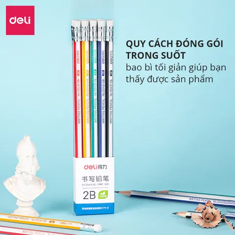Vỉ 10 Bút Chì Gỗ Lục Giác 2B HB Kèm Đầu Tẩy Deli 33431 - Bút Vẽ Chất Lượng Cho Học Sinh và Nghệ Sĩ