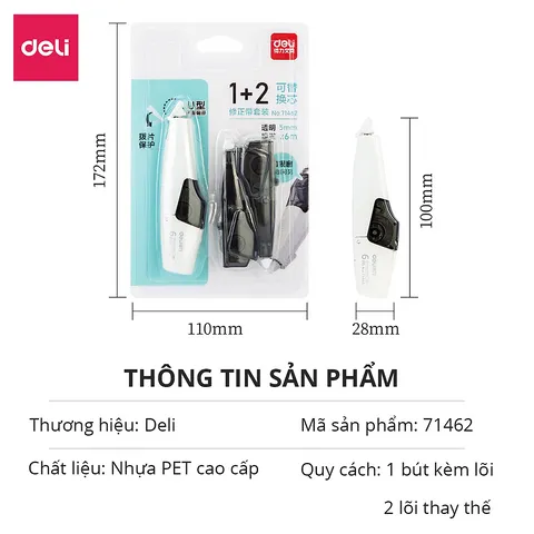 Bút Xóa Băng Deli 71462 - Kèm 2 Lõi Thay Thế Tiện Dụng, Bề Mặt Mịn Cho Viết Lên Dễ Dàng - Sản Phẩm Văn Phòng Chất Lượng