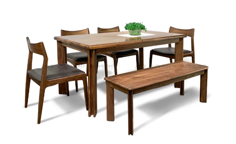 Bộ bàn ăn Akita 1M5 + 4 ghế + Bench gỗ óc chó nhập khẩu Bắc Mỹ - Thiết kế phong cách Nhật Bản, bền đẹp cho phòng bếp hiện đại