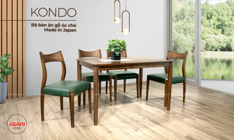 Bộ Bàn Ăn Kondo 4 Ghế Asahi Nhật Bản - Nội Thất Sang Trọng Cho Không Gian Bếp Nhỏ, Chất Liệu Gỗ Óc Chó Cao Cấp