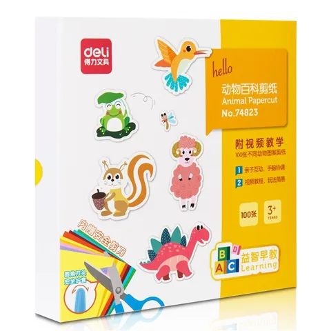 Bộ dụng cụ thủ công Deli 74823 - Kéo và 100 tờ giấy hình thú ngộ nghĩnh cho bé phát triển sáng tạo và kỹ năng cắt dán