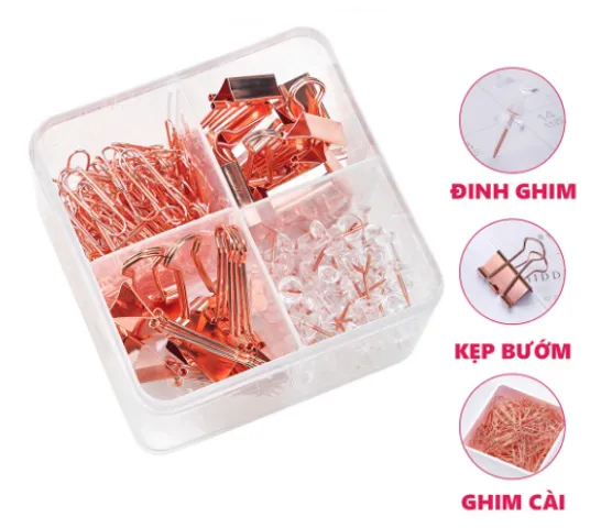 Bộ Phụ Kiện Ghim Tài Liệu Deli 78551 - Kẹp Giấy Mạ Vàng Hồng Sang Trọng, Hộp Vuông 4 Ngăn Siêu Tiện Dụng