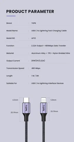 Cáp Sạc Nhanh TOPK AN10 Kim Loại Micro USB Type C - Sạc Nhanh 20W, Truyền Dữ Liệu 1Gb Trong 30s, Dây Bền Bỉ 30.000 Lần Uốn