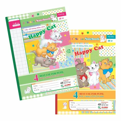 Combo 10 Quyển Vở 4 Ô Ly Klong Happy Cat 48 Trang - Vở Học Sinh Tiểu Học Chống Nhòe, Thiết Kế Bìa Đáng Yêu
