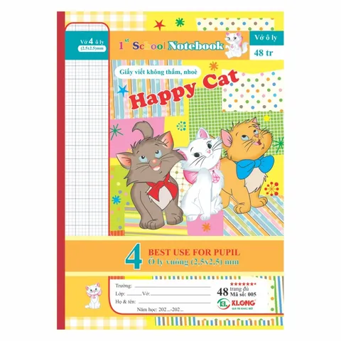 Combo 10 Quyển Vở 4 Ô Ly Klong Happy Cat 48 Trang - Vở Học Sinh Tiểu Học Chống Nhòe, Thiết Kế Bìa Đáng Yêu