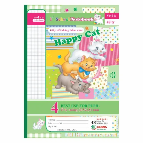 Combo 10 Quyển Vở 4 Ô Ly Klong Happy Cat 48 Trang - Vở Học Sinh Tiểu Học Chống Nhòe, Thiết Kế Bìa Đáng Yêu