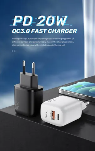 Củ Sạc Nhanh TOPK B210p 20W USB C & USB A - Sạc Đồng Thời 2 Thiết Bị, Thiết Kế Nhỏ Gọn, An Toàn và Tiện Dụng