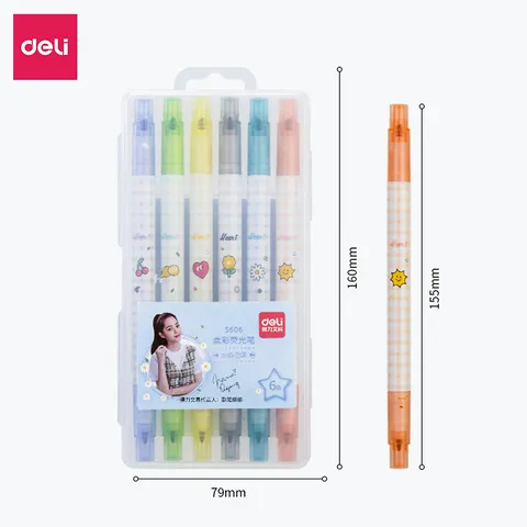 Hộp 6 Bút Nhớ Dòng 2 Đầu Deli S606 - Bút Highlight Đa Màu, Sáng Tạo Thoải Mái, Văn Phòng Phẩm Chất Lượng Cao