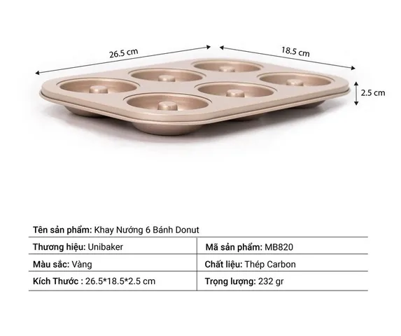 Khay Nướng 6 Bánh Donut UniBaker MB820 - Chất Liệu Thép Không Gỉ, Thiết Kế Hiện Đại, Dành Cho Gia Đình và Tiệm Bánh